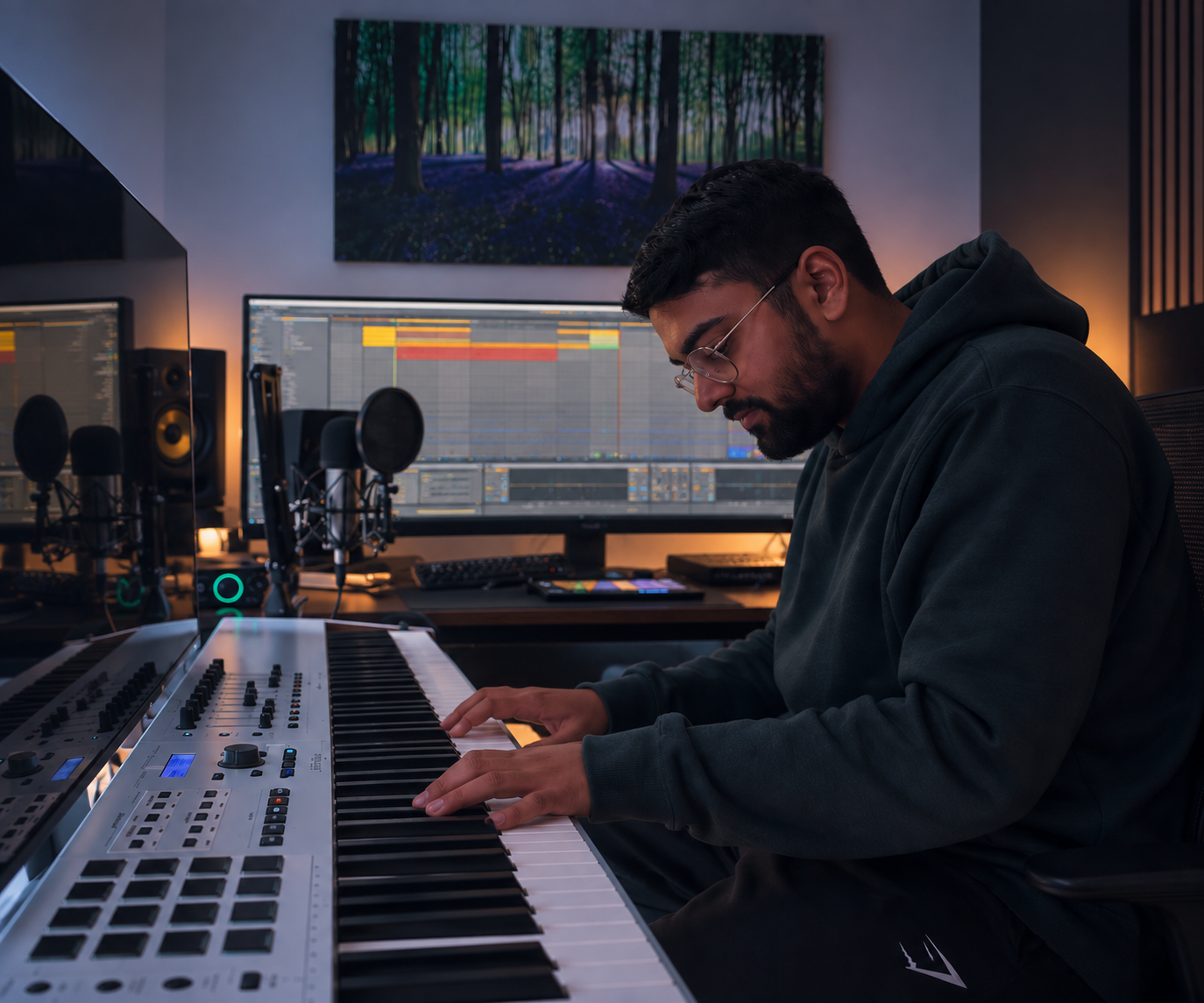 Producer Dilan Shamji playing a keyboard at his studio desk in front of studio monitors and a mix session